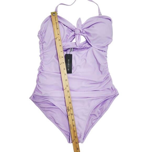 Lilac One-Piece Swimsuit Tie Front  Detail Adjustable Halter Straps Size L - Picture 7 of 7